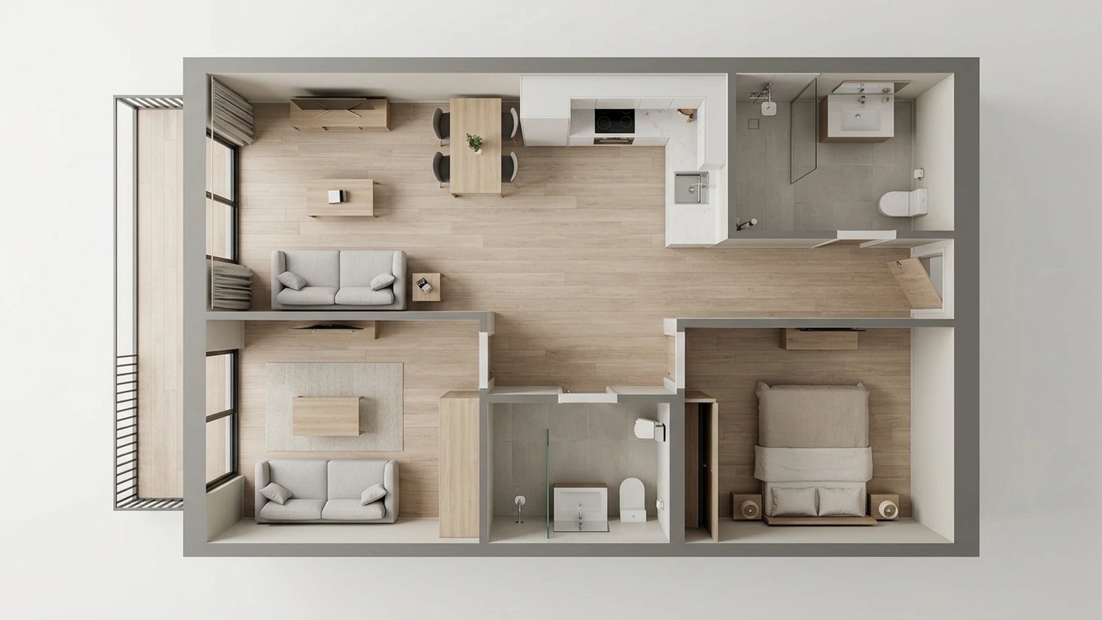 Three-dimensional axonometric floor plan visualisation showing furnished rooms
