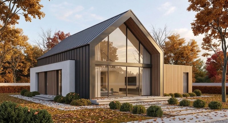 Same house rendered in autumn — golden foliage and amber tones