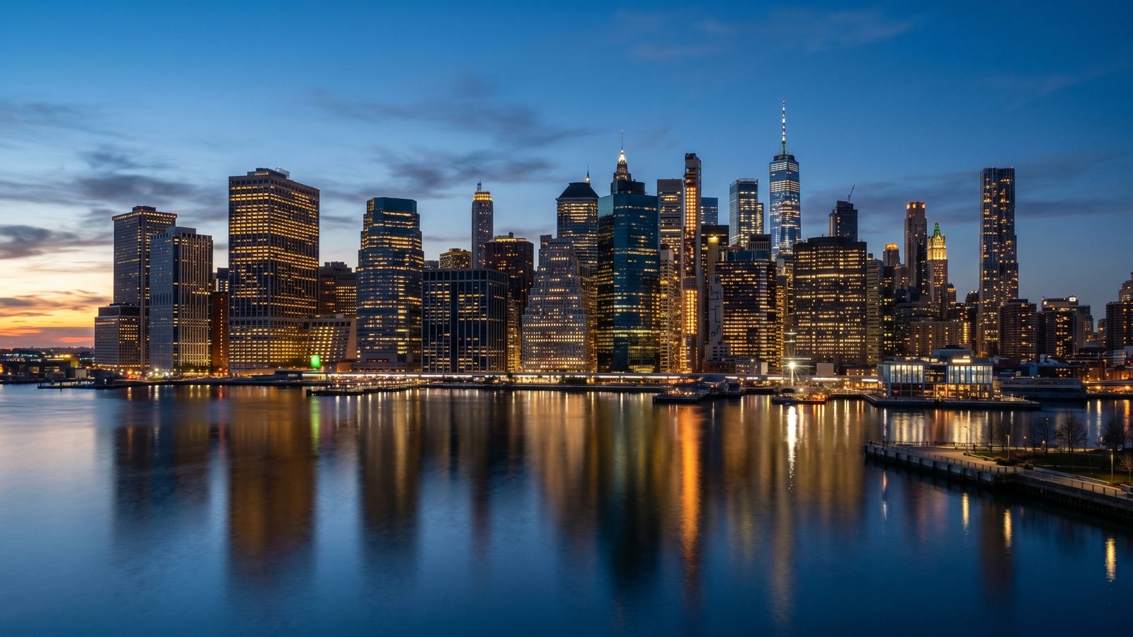 City skyline at blue hour with skyscraper lights and water reflections