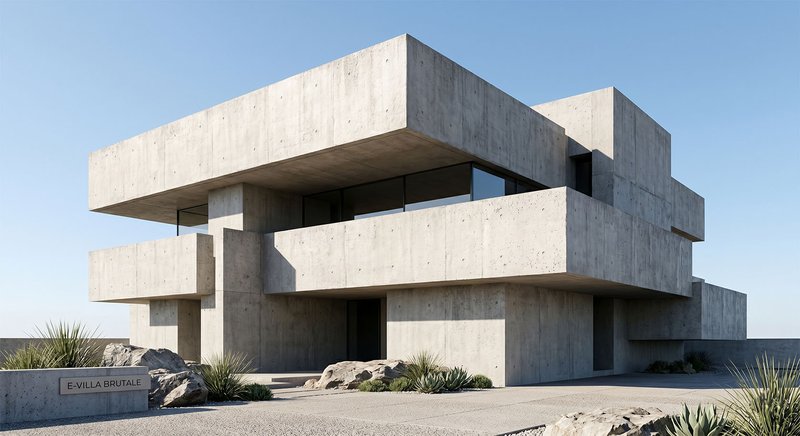 Brutalist concrete building render with heavy mass and deep midday shadows
