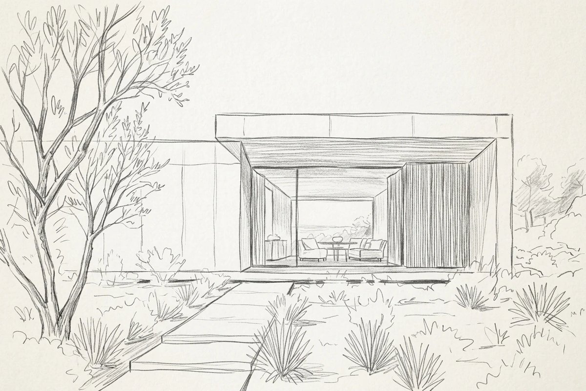 Architectural CAD line drawing of a contemporary house exterior — input to Morphome