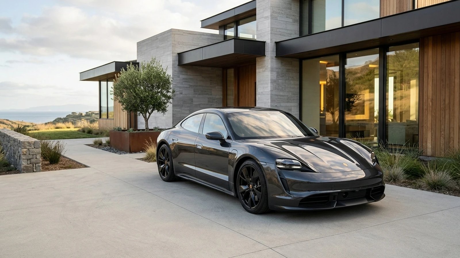Modern coupe parked in front of a contemporary villa at sunset