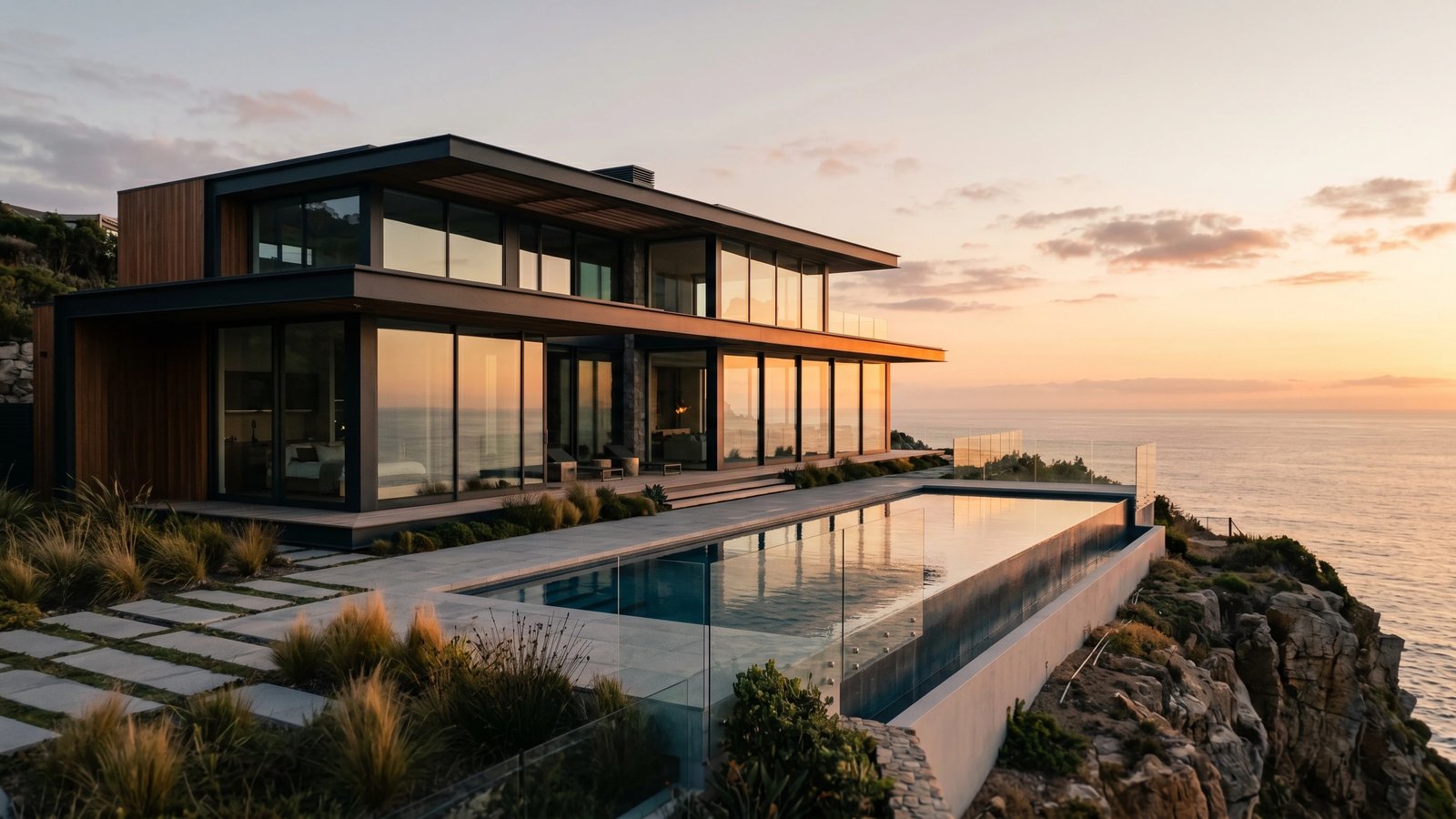 Cliffside glass villa render at golden hour with infinity pool overlooking the ocean