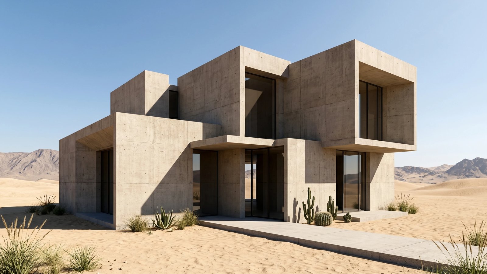 Concrete brutalist house in a desert landscape with cacti and warm sky