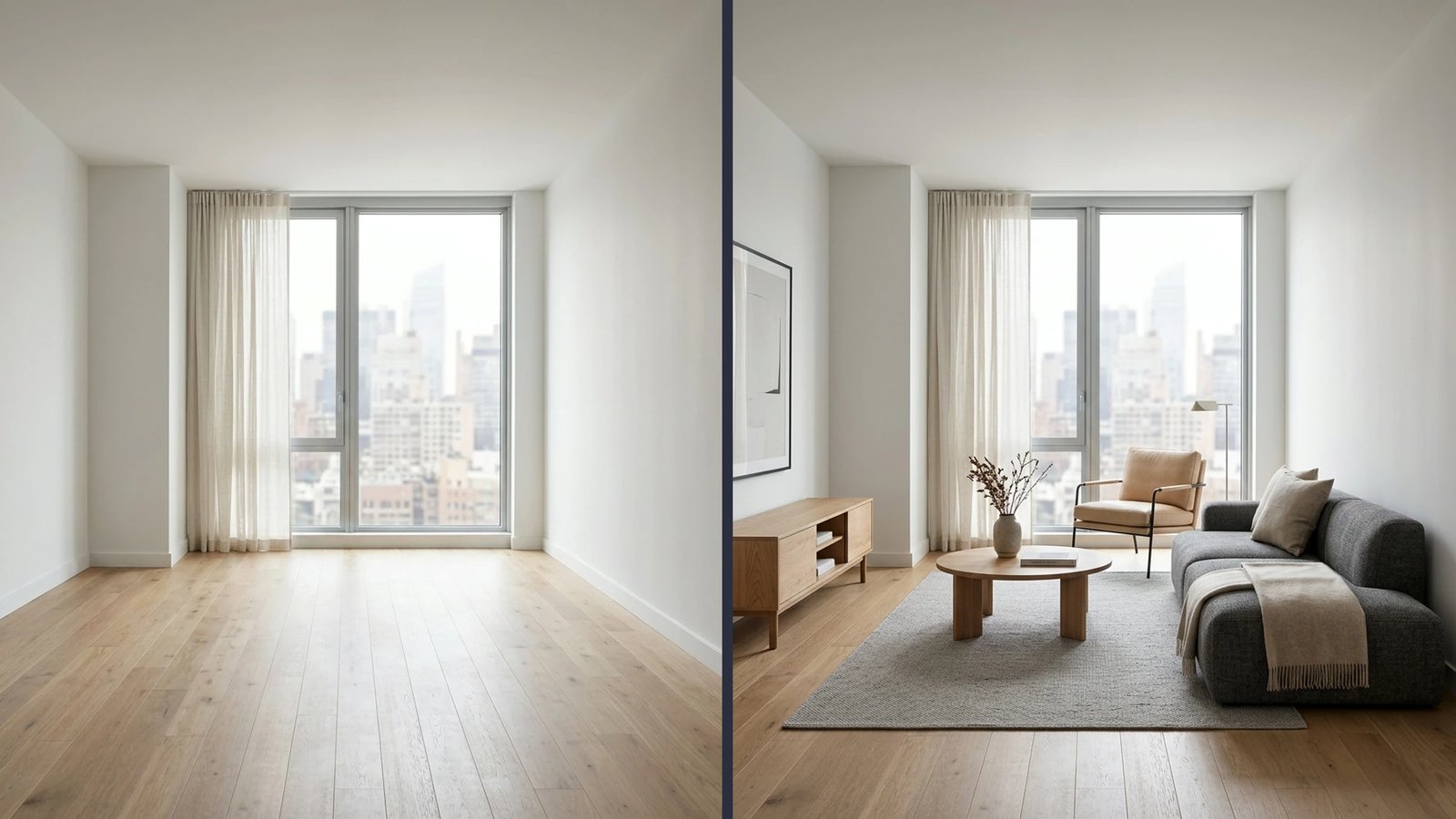 Before-and-after split: empty room on the left, fully furnished interior on the right