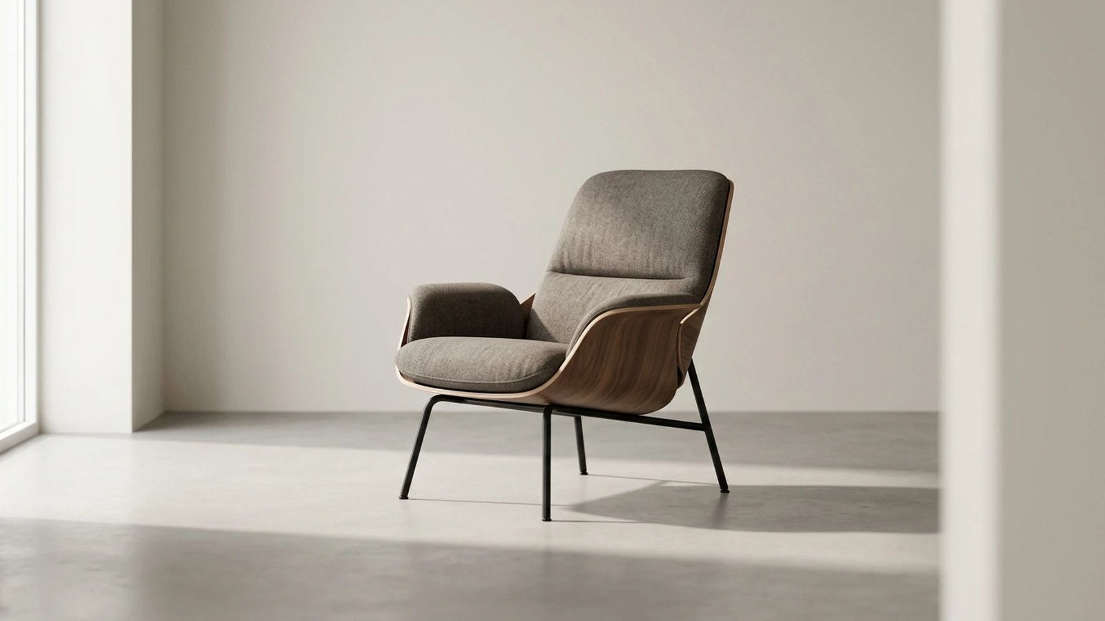 Designer lounge chair hero shot with minimal background and soft shadows