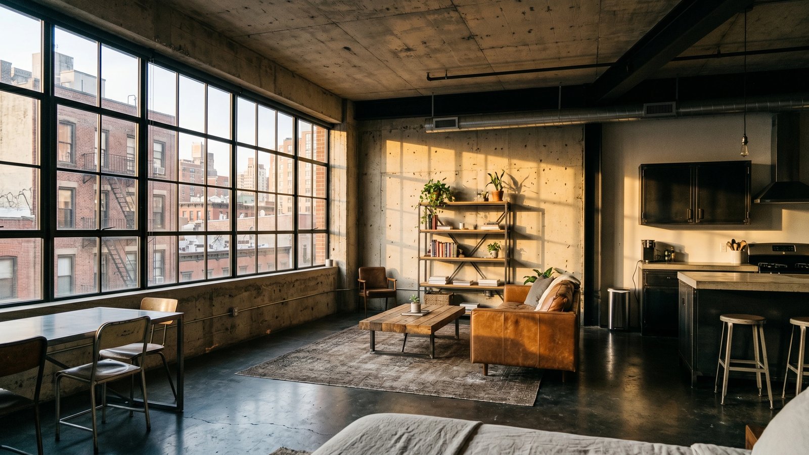 Industrial loft interior render with exposed brick, factory windows and soft north light