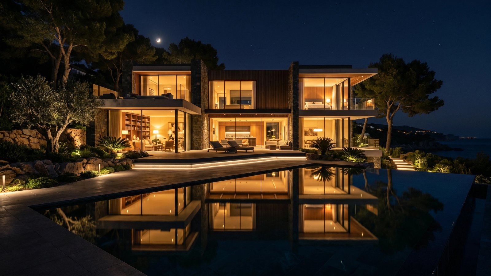Luxury modern villa at night with warm interior glow and pool reflections