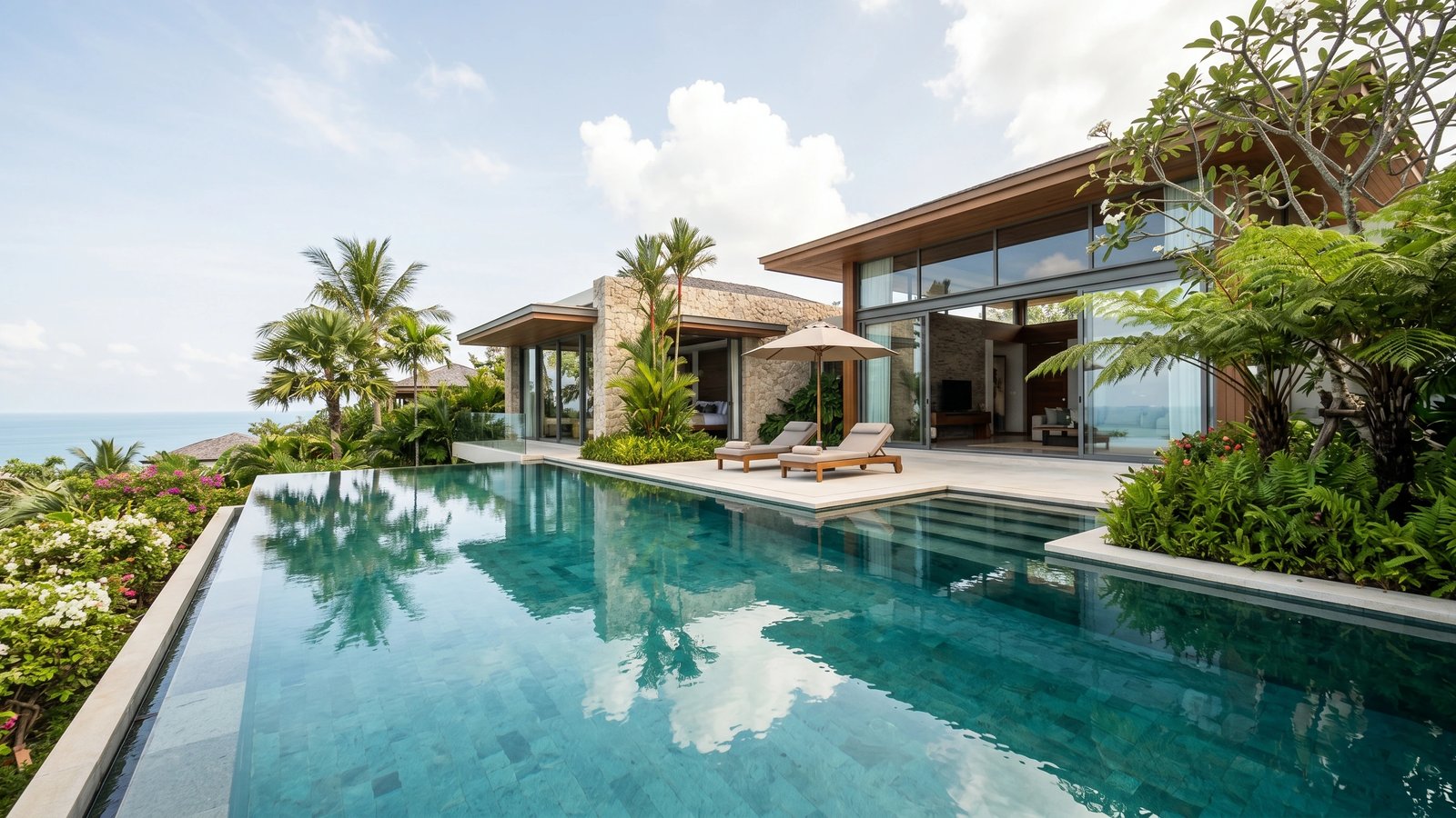 Resort poolside render with an infinity edge, cabanas and palm shadows on travertine