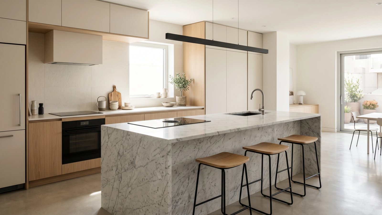 Minimalist kitchen with marble island, pendant lights and warm wood cabinetry