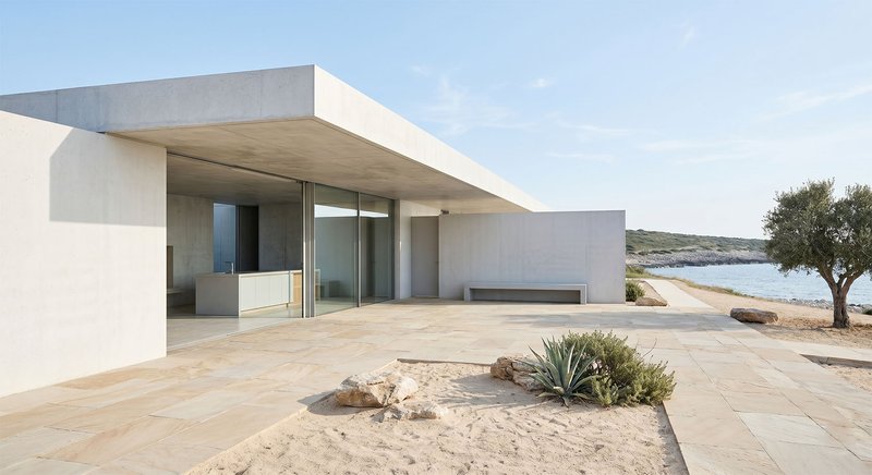 Minimalist building render with calm geometry, single materials and controlled daylight