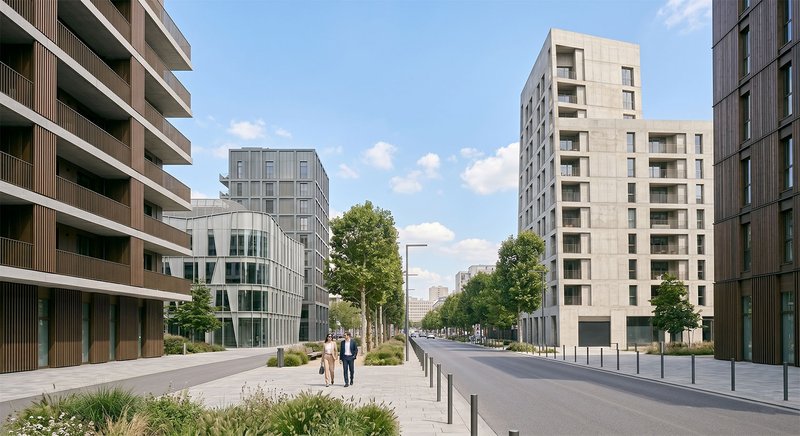 Modern urban render of mid-rise residential blocks in a dense walkable district