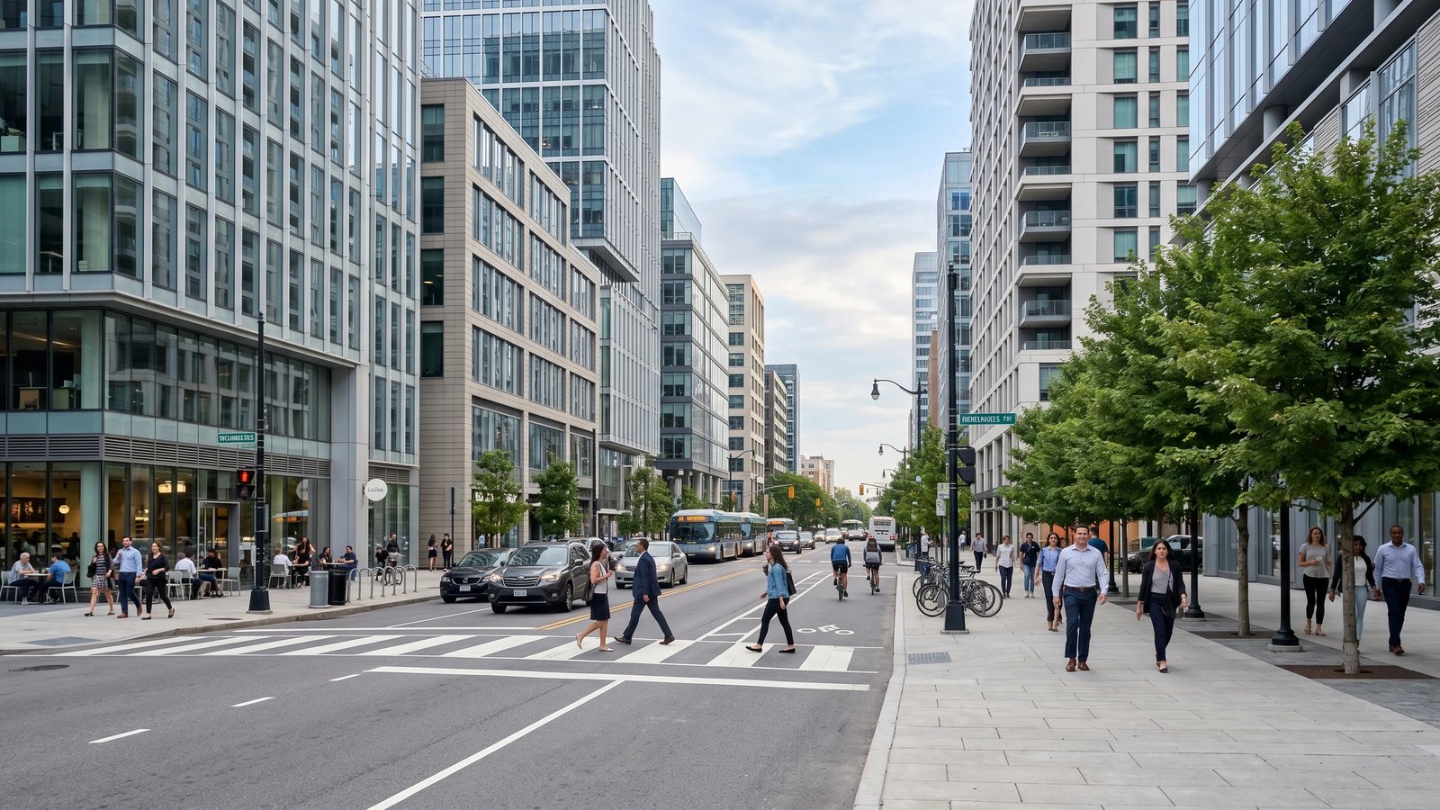 Contemporary city street scene with glass facades and pedestrians