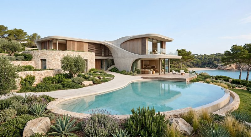 Organic architecture render with flowing concrete shells blending into the landscape