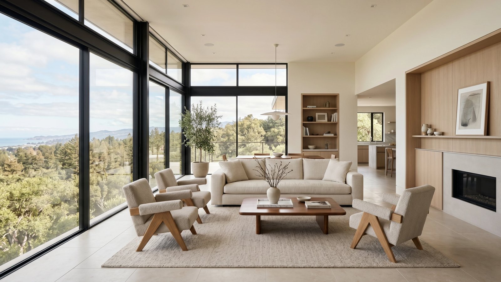 Panoramic living space with floor-to-ceiling windows opening onto a landscape view