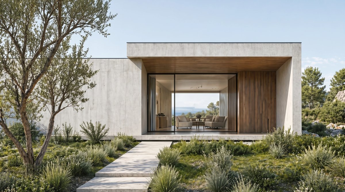 Photorealistic architectural render generated by Morphome from the CAD drawing on the left