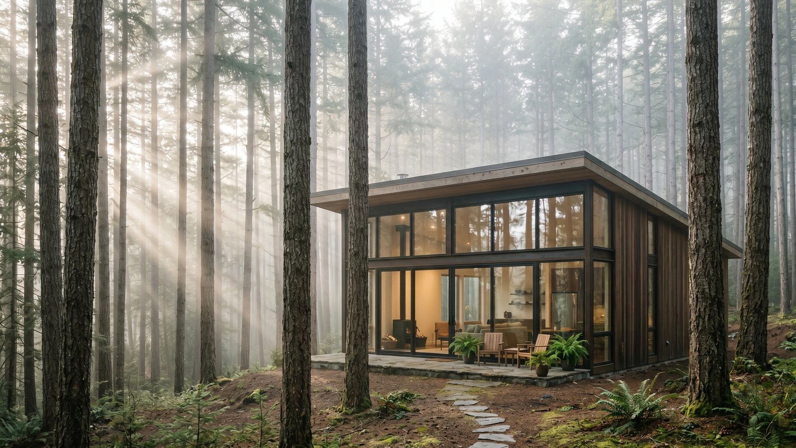 Modern timber retreat tucked into a pine forest at dusk with warm interior light