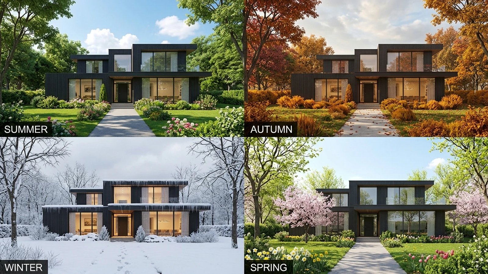 Same house rendered across four seasons — spring, summer, autumn and winter