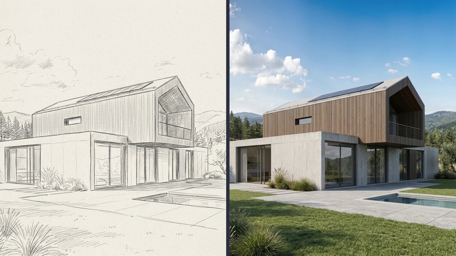 Side-by-side render turning a pencil sketch into a finished photorealistic visual