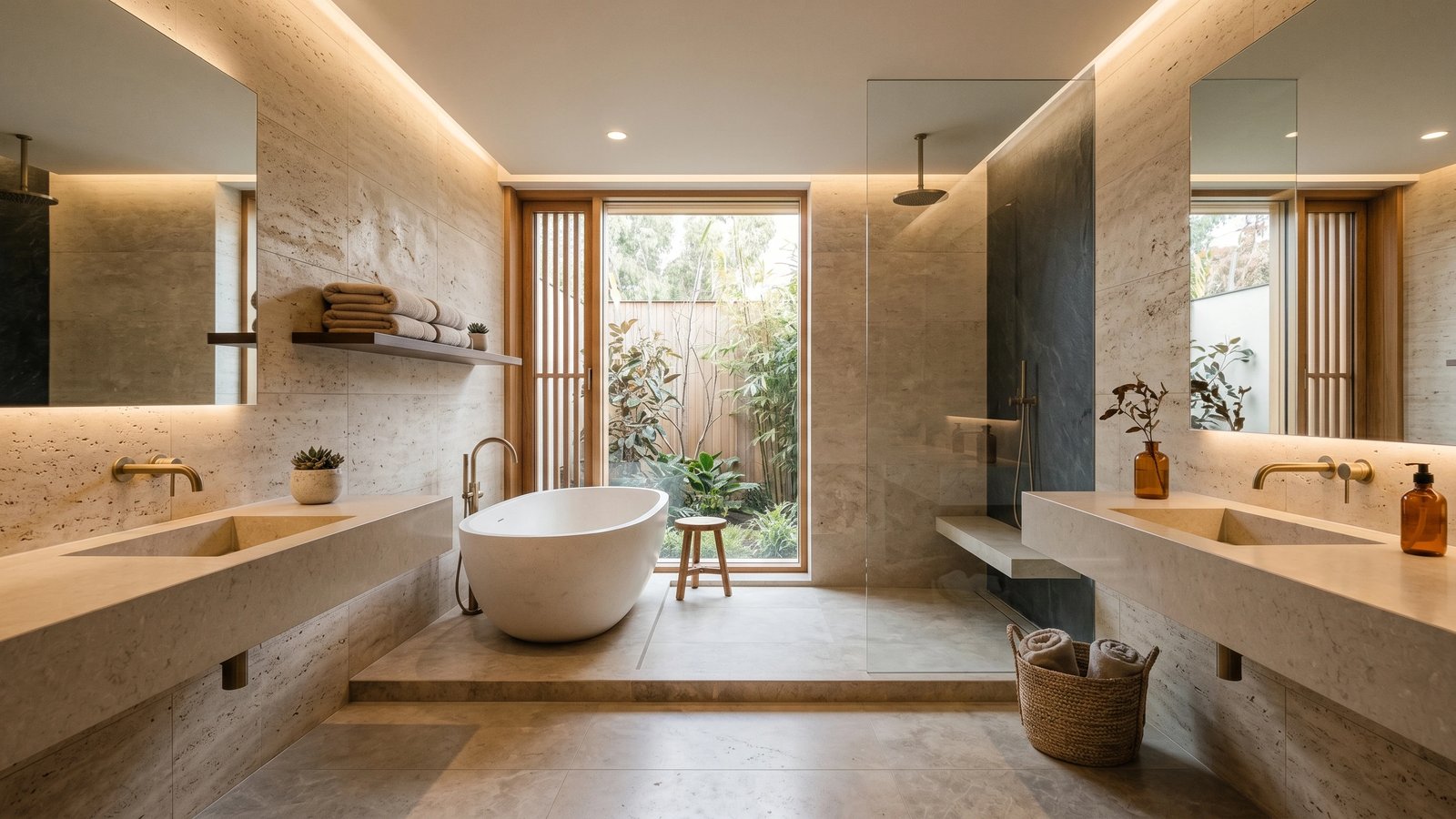 Stone-clad spa-style bathroom with freestanding tub and warm ambient light
