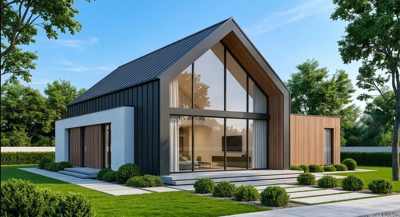 Same house rendered in summer — warm light and lush vegetation