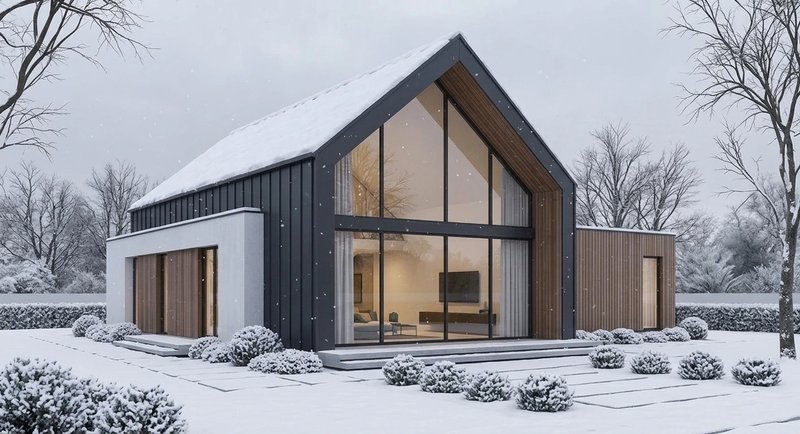 Same house rendered in winter — snow cover and cool blue light